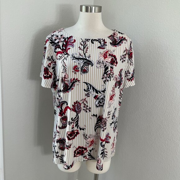 Liz Claiborne Womens Plus XXL Floral Stripe Tunic Top Stretch Short Sleeve Shirt - Picture 1 of 9